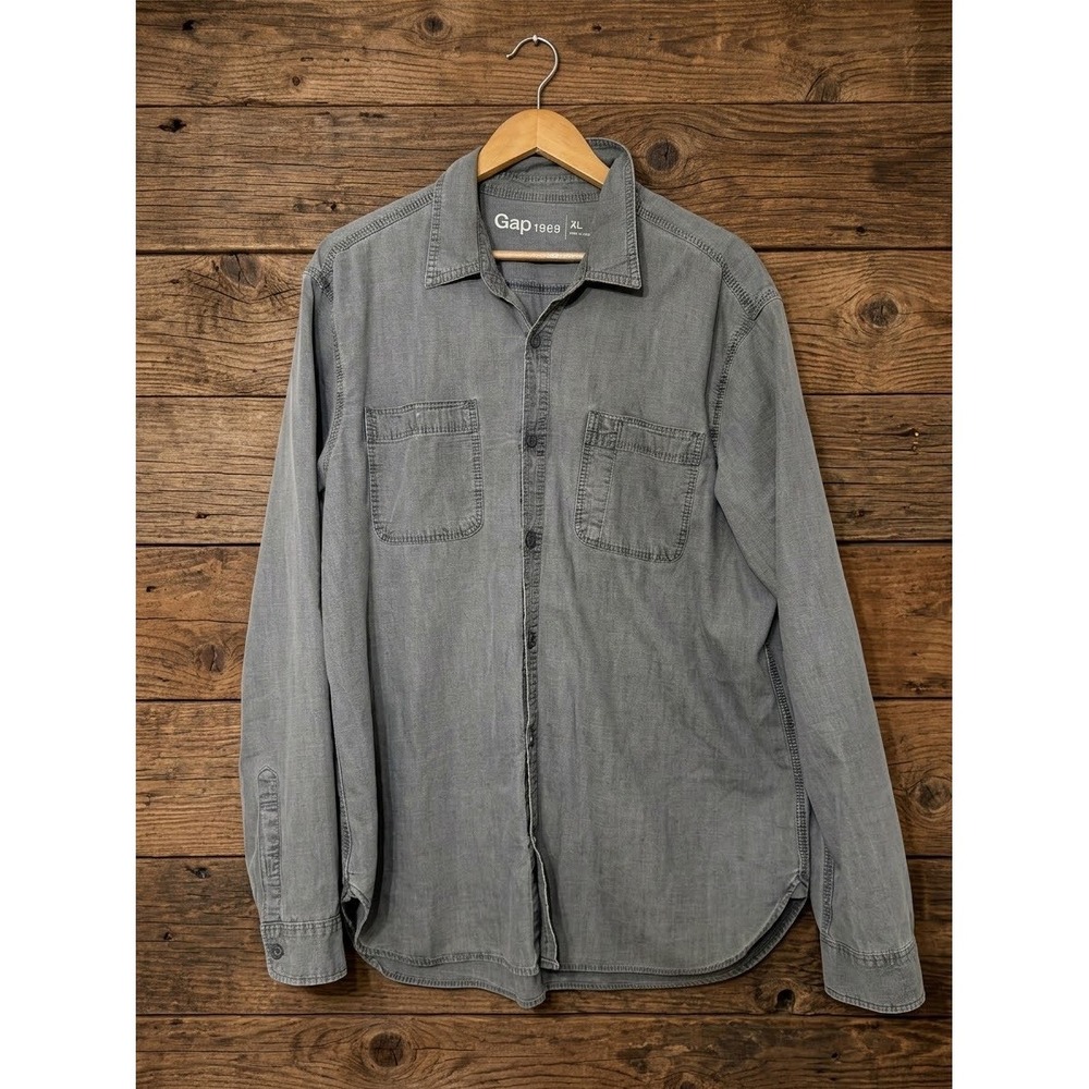 Gap 1969 Mens Icon Worker Shirt XL Washed Grey Long Sleeve Button Down Denim